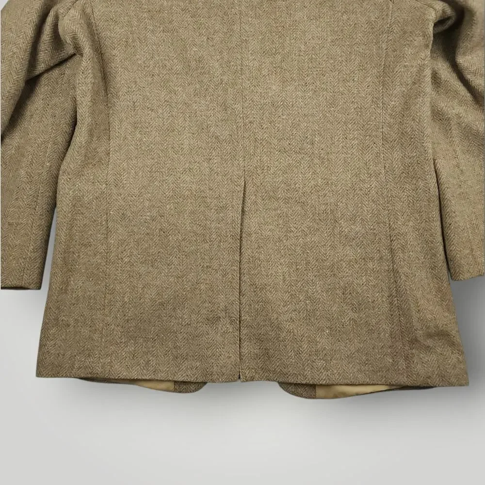 Vtg Ivy Style Tweed Wool Sack Jacket Mens 42L Herringbone Wide Lapel 90s Y2K Tan